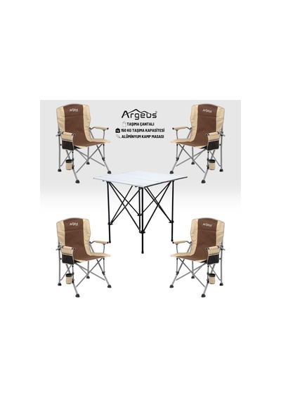 4 Adet Katlanır Kamp Sandalyesi Ve Alüminyum Masa Seti - Rustic Silver - Kum Çok Renkli