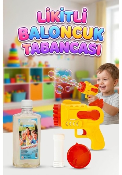 Köpük Baloncuk Makinası 3 Parçalı Yanında 500ml Baloncuk Likiti Hediyeli Eğlenceli Oyun Seti Sarı