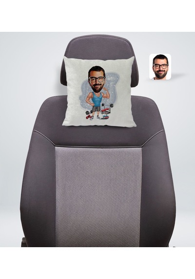 Bk Gift Kişiye Özel Fitnesscı Karikatürlü Kare Araç Koltuk Yastığı-1 Çok Renkli