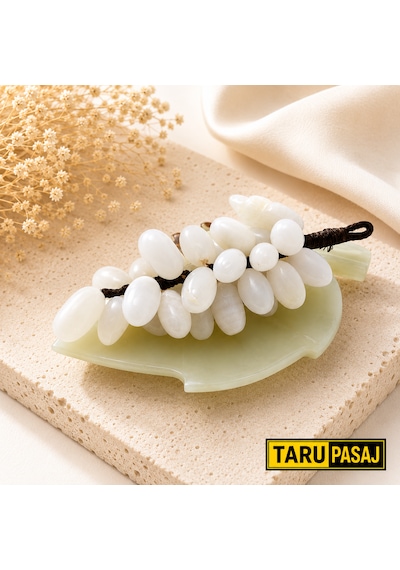 Doğal Oniks Taş Yaprak Tabak & 30 Taneli Üzüm Salkımı Feng Shui Dekor Objesi Beyaz