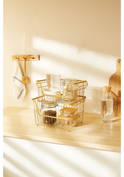 Ocean Home Textile 2'li Altın Renk Metal Sepet Set 32 x 22 x 16 / 33 x 27 x 20 cm