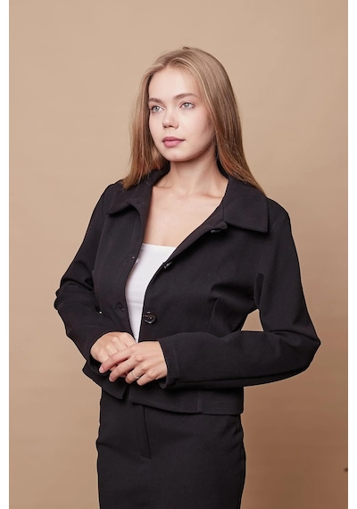 Kadın Likralı Kaşe Kumaş Yakalı Cep Kapaklı Uzun Kol Düğmeli Kısa Blazer Ceket Kaban-siyah Siyah Kadın Likralı Kaşe Kumaş Yakalı Cep Kapaklı Uzun Kol Düğmeli Kısa Blazer Ceket Kaban-siyah Siyah