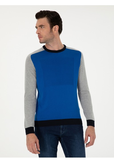 Cacharel Sax Slim Fit Pamuk Karışımlı Bisiklet Yaka Triko Kazak Mavi