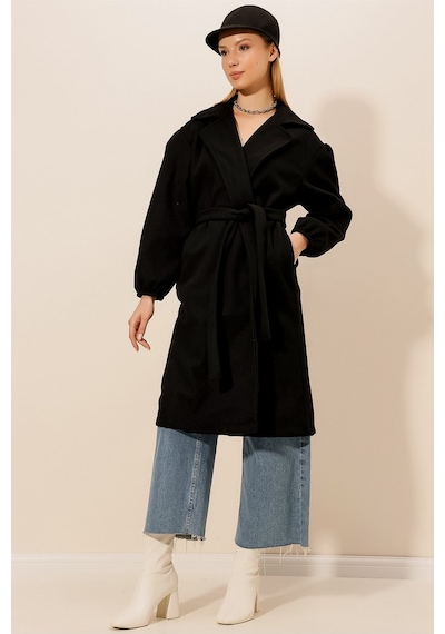 Kaşe Kuşaklı Oversize Kaban Siyah