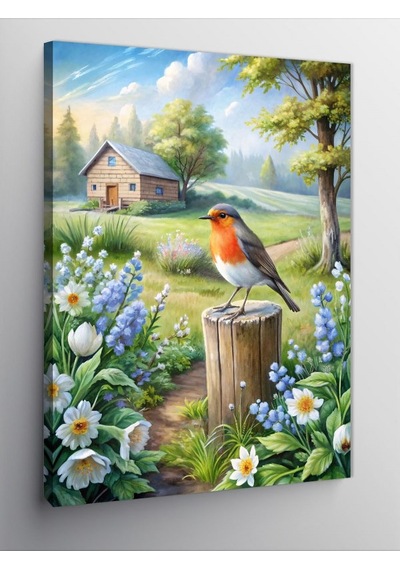 Kanvas Tablo Kırmızı Kuş Ve Çiçekler 70cmx100cm
