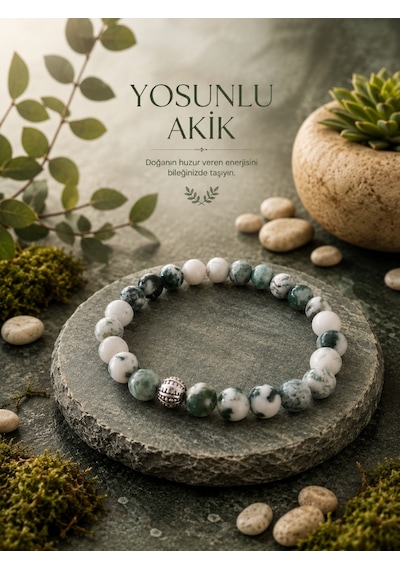 Özel Tasarım Yosunlu Akik Doğaltaş Bileklik -denge & Huzur Bilekliği Çok renkli