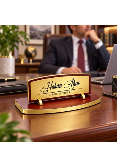 Bk Gift Kişiye Özel Ahşap Masa İsimliği Gold Plakalı Bk27 -6 Çok Renkli