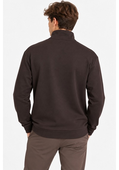 We&me Erkek Dik Yaka Yarım Fermuarlı Uzun Kollu Günlük Sweatshirt Kahverengi