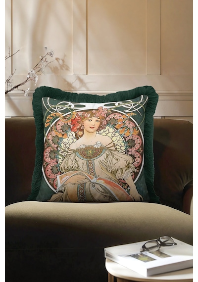 Art Nouveau Saçaklı Yastık Kılıfı - Romantik Kadın Figürü Bohem Yeşil Püsküllü Kırlent Kılıfı Çok Renkli