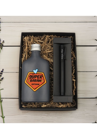 Bk Gift Kişiye Özel İsimli Baba Temalı Antrasit Tasarım Cam Şişede Kolonya 200 Ml & Siyah Metal Roller Kalem Hediye Seti-2, Babaya Hediye, Babalar Gün