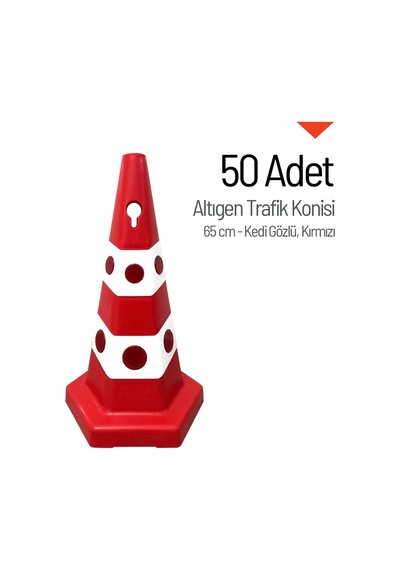 50'li Kedi Gözlü Kırmızı Altıgen Trafik Konisi Seti 65 Cm Trafik Dubası-3612