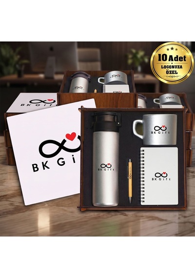 Logonuza Özel 10 Adet Ahşap Kutulu Gümüş Kurumsal Hediye Seti Cam Suluk, Seramik Fincan, Defter Ve Kalemli Promosyon Seti Bitmeyencom37207 Bk Kurumsal
