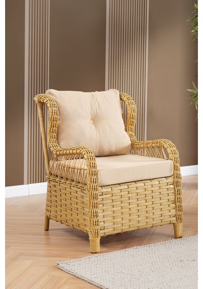 Paris Rattan Puflu Bahçe Balkon Takımı 3+1+1 Cam Masalı Cappuccino