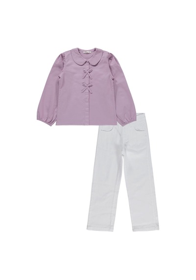 Civil Girls Fiyonklu Gömlek Pantolon İkili 6-9 Yaş Takım - Lila Beyaz - Lila