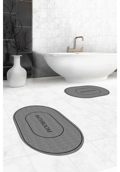Buççin Online Mağaza Dijital Baskılı Yıkanabilir Kaymaz Sade Bathroom Yazılı Oval Banyo Paspası Klozet Takımı Polipropile Çok Renkli