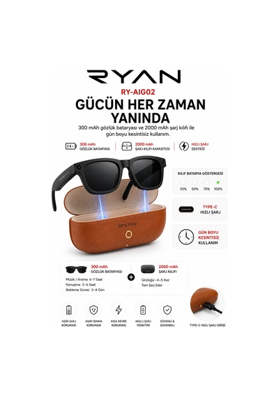 Yapay Zeka Destekli Kameralı Akıllı Güneş Gözlüğü 8mp Anlık Çeviri Bluetooth Sesli Asistan Fotoğraf Video Ry-aıg02