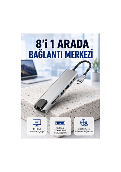 Seyahat Dostu 8 İn 1 Hub Şarj & Veri & Video & Ağ İçin Eksiksiz Çözüm Kopya Çok Renkli