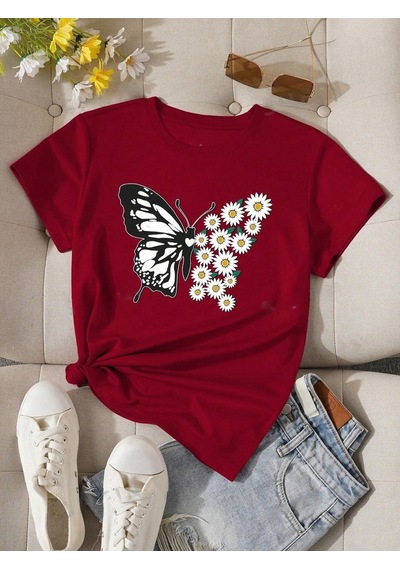 Flood Of Style Kadın Bordo Kelebek Papatya Baskılı Oversize