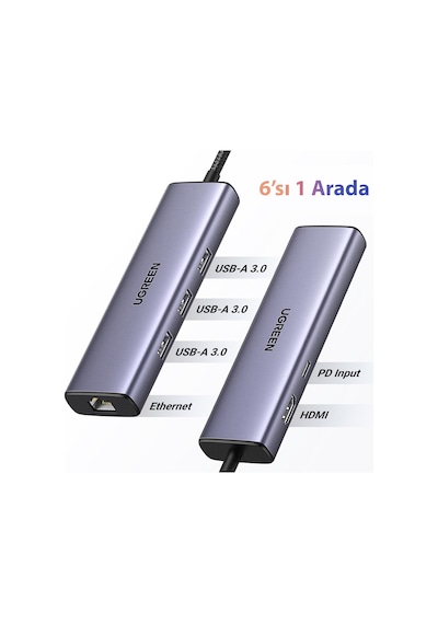 Ugreen Revedok 6-in-1 3 Usb 3.0, 4k/30hz Hdmı, 100w Pd Type-c, Rj45 Port Çoklayıcı Hub, 15598