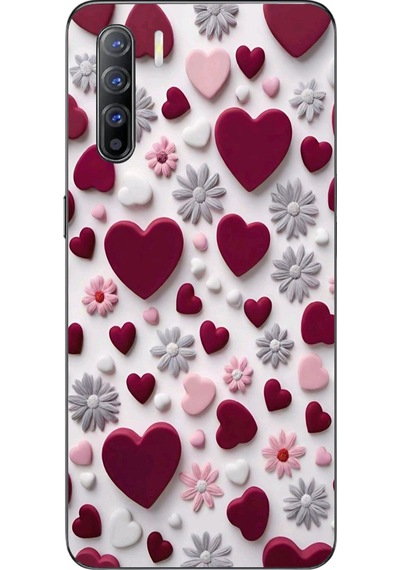 Oppo Reno 3 Uyumlu Kırmızı Ve Pembe Kalpler Baskılı Silikon Kılıf Renkli