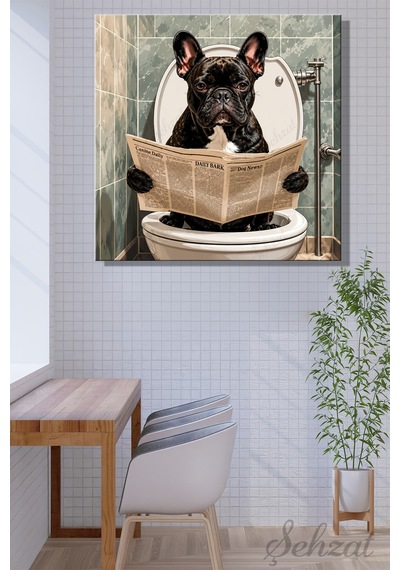 Kare Kanvas Duvar Tablosu Banyo Koridor Kafe Veteriner Ofis Cafe Tuvalette Gazete Okuyan Bulldog Çok Renkli