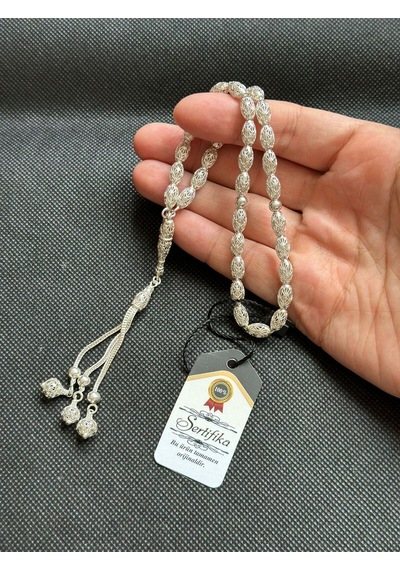 Gümüş Tesbih 925 Ayar Gümüş Özel Yazılı Erkek Hediye Sertifikalı Kişiye Özel İsim 8 X 5 Mm Ks1664