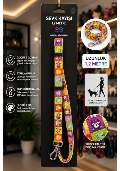 Köpek Sevk Kayışı 1,2 Metre Ayarlanabilir 360 Derece Döner Metal Kancalı - Canavar Desenli Köpek Sevk Kayışı 1,2 Metre Ayarlanabilir 360 Derece Döner Metal Kancalı - Canavar Desenli