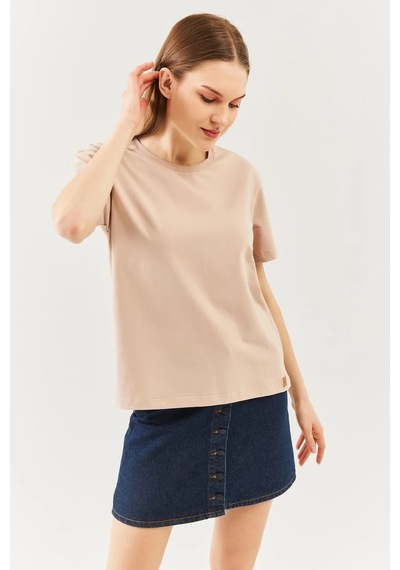 Kadın Rahat %100 Pamuklu Penye Bisiklet Yaka Kısa Kol Basic T-shirt Sütlü Kahve