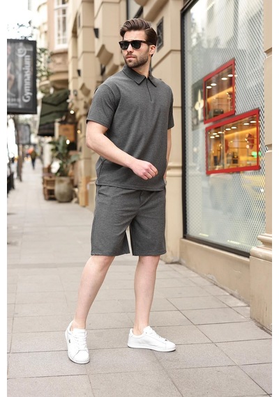 Antrasit Polo Yaka T-shirt Şort Takım E7363