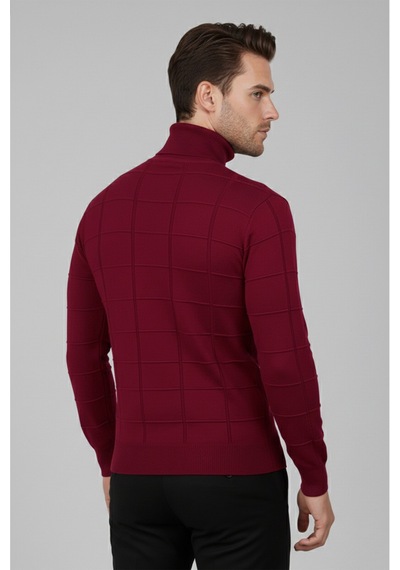Rizzup Erkek Bordo Kare Desenli Balıkçı Yaka Slim Fit Boğazlı Triko Kazak 2505493