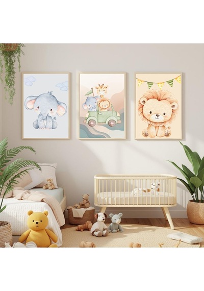 Besay Safari Macerası:fil, Aslan Ve Zürafa Çocuk Odası Posteri Dekoratif 3lü Set A4 Çerçevesiz
