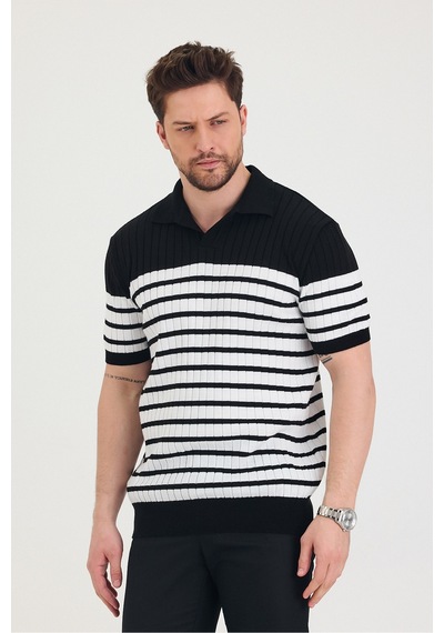Cool Tarz Erkek Polo Yaka Beyaz Çizgi Detaylı Siyah Triko T-shirt Siyah Siyah