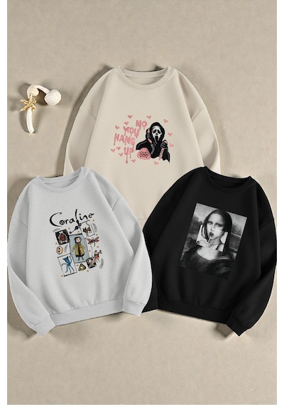 Uyguntarz Çok Renkli En Sevilen Karakterler Baskılı Sweatshirt 3'lü Fırsat Paketi
