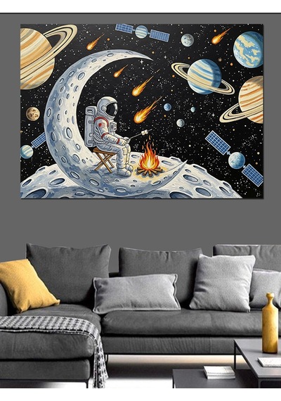 Yörüngede Astronot Dünya Küre Dekoratif Kanvas - Mdf Ahşap Tablo
