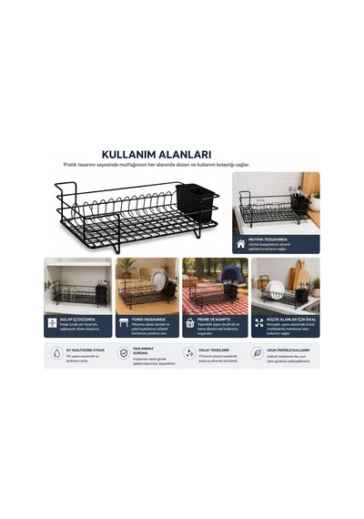 Metal Bulaşıklık Plastik Kaplamalı Bulaşık Kurutma Rafı Çift Bölmeli Kaşıklıklı Tezgah Üstü Mutfak Organizeri Diğer