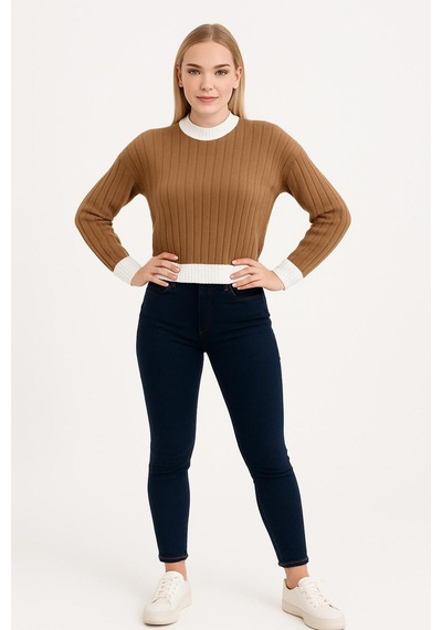 Hira Life Fashion Kadın Bisiklet Yaka Fitili Ve Şerit Detaylı Crop Triko Kısa Kazak Vizon Vizon Hira Life Fashion Kadın Bisiklet Yaka Fitili Ve Şerit Detaylı Crop Triko Kısa Kazak Vizon Vizon