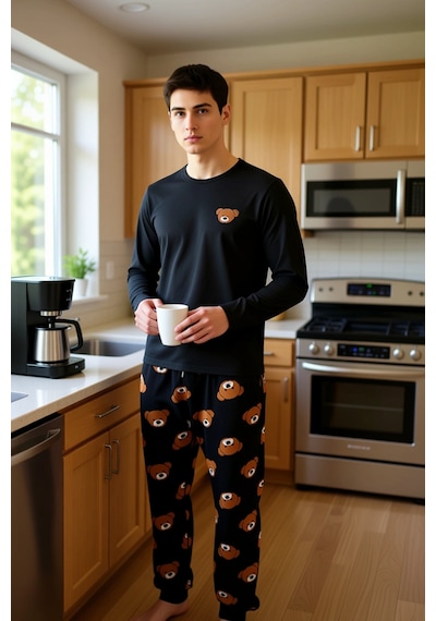 Frm Erkek Ayıcık Desenli Örme Pijama Takımı Fonksiyonel Dayanıklı Kal Siyah