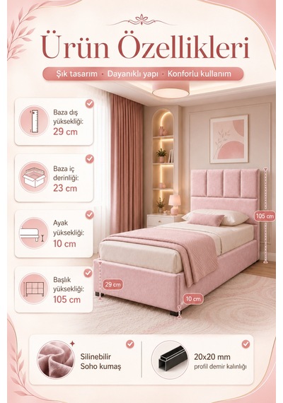 Baza Seti, Monaco Tek Kişilik Baza Başlık Maxi Yatak Seti, Pembe - 90x190 Cm 90 x 190