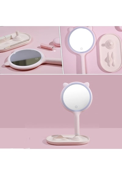 Buradabuldun Kedi Kulaklı Telefon Standlı Yuvarlak Dokunmatik Led Ayarlı Masa Üstü Makyaj Aynası Çok Renkli