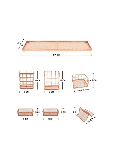 Temel Rose Gold Metal Mesh Modüler Masaüstü Organizer Seti 7 Parça 37x10 Cm 9519