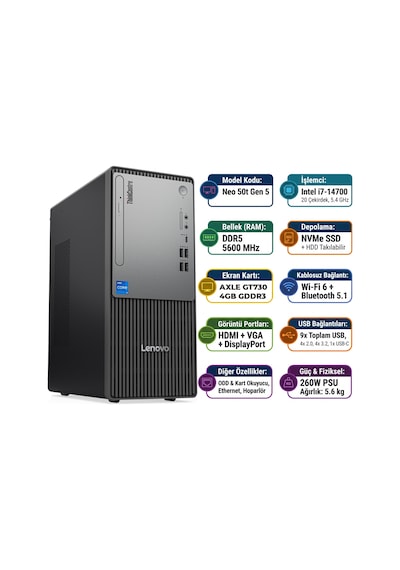 Lenovo ThinkCentre Neo 50T Gen 5 12UD001UTR029 i7-14700 16 GB 512 GB SSD W11P Masaüstü Bilgisayar Lenovo ThinkCentre Neo 50T Gen 5 12UD001UTR029 i7-14700 16 GB 512 GB SSD W11P Masaüstü Bilgisayar