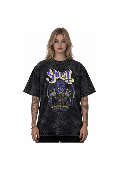Ghost Rock Metal Müzik Grubu Baskılı Unisex Oversize Vintage Yıka Siyah