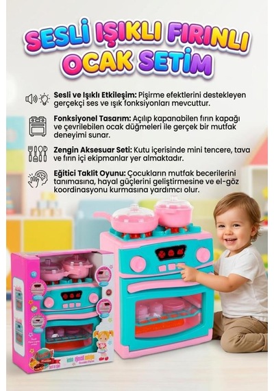 Fırınlı Ocağım Sesli Işıklı Pilli Açılabilir Kapaklı İnteraktif Ocaklı Aksesuarlı Oyuncak Seti