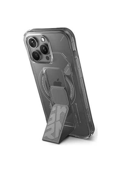 Apple Uyumlu iPhone 15 Pro Max Kılıf Skinarma Magsafe Şarj Özellikli Teknoloji Desenli Standlı Helio Kapak Gri