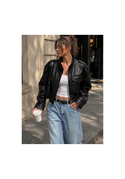 August Yeni Sezon Kadın Oversize Dik Yaka Apoletli Siyah Deri Ceket Siyah&blackest Black Siyah&Blackest Black