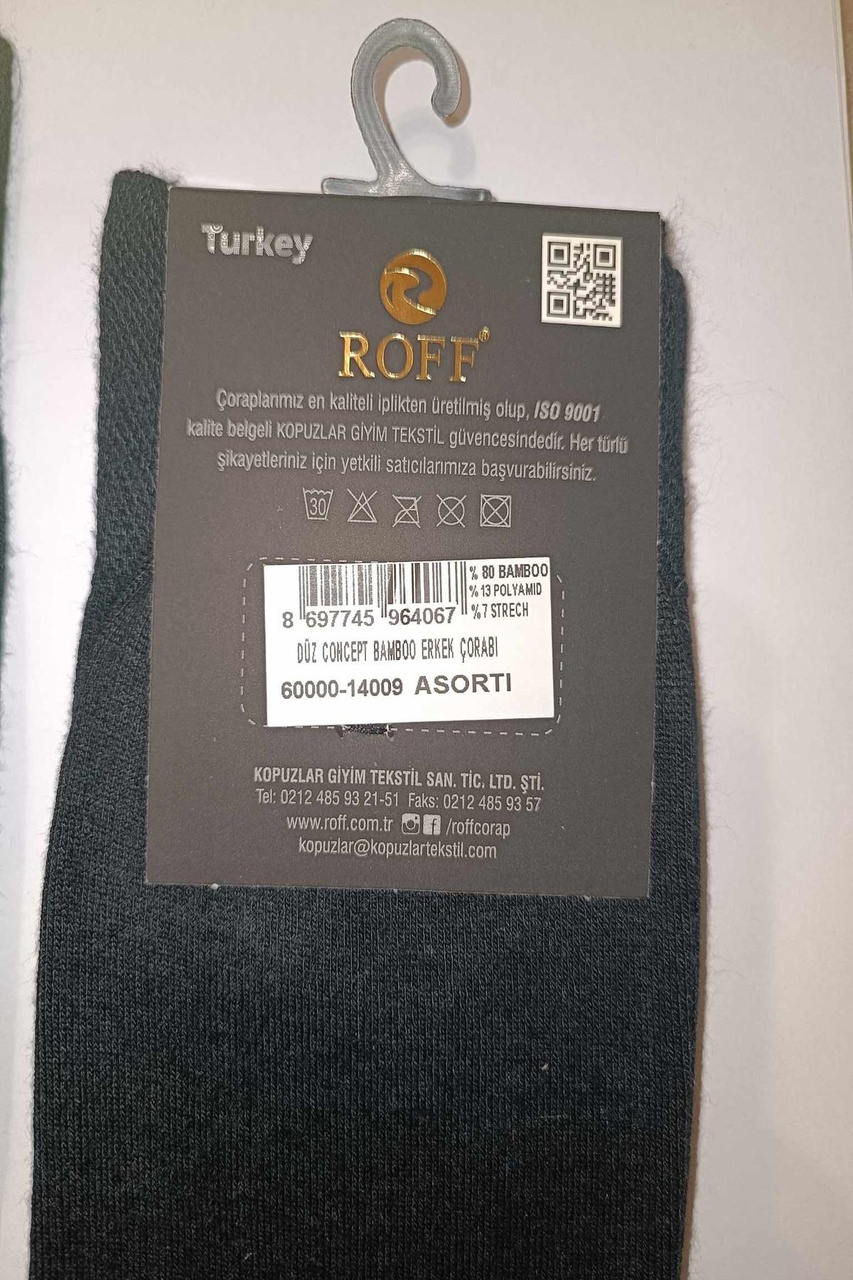 Roff Erkek Bamboo Soket Düz Çorap 14009 - 6 Adet Karışık Renk