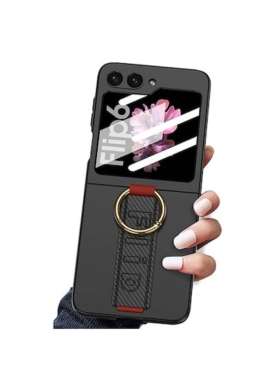 Zore Galaxy Uyumlu Z Flip 6 Kılıf Kamera Korumalı Yüzüklü Karbon Tasarımlı Flip Ring Kıp Siyah