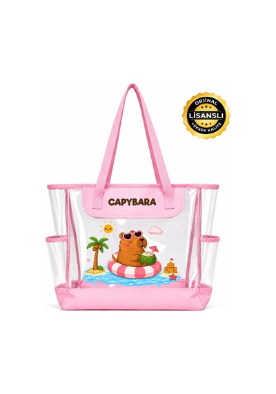 Capybara Lisanslı Figürlü Plaj Çantası Şeffaf Yüzeyli, Geniş Hacimli Pembe