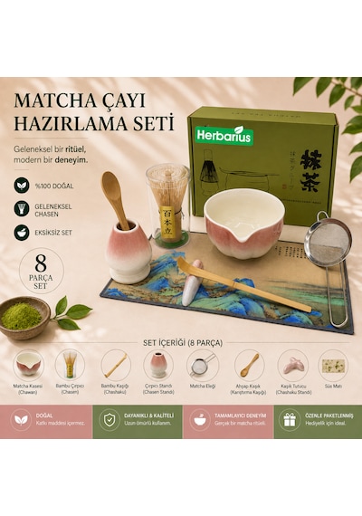 Herbarius 8 Parça Beyaz Geçişli Pudra Pembe Renk Matcha Çayı Hazırlama Seti - Geleneksel Japon Matcha Seti Pembe - Beyaz