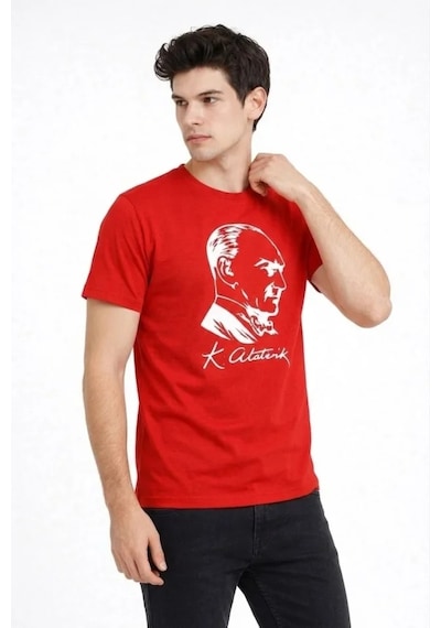 De'charme Erkek Atatürk Baskılı Tişört Kısa Kollu Bisiklet Yaka T-shirt - Kırmızı